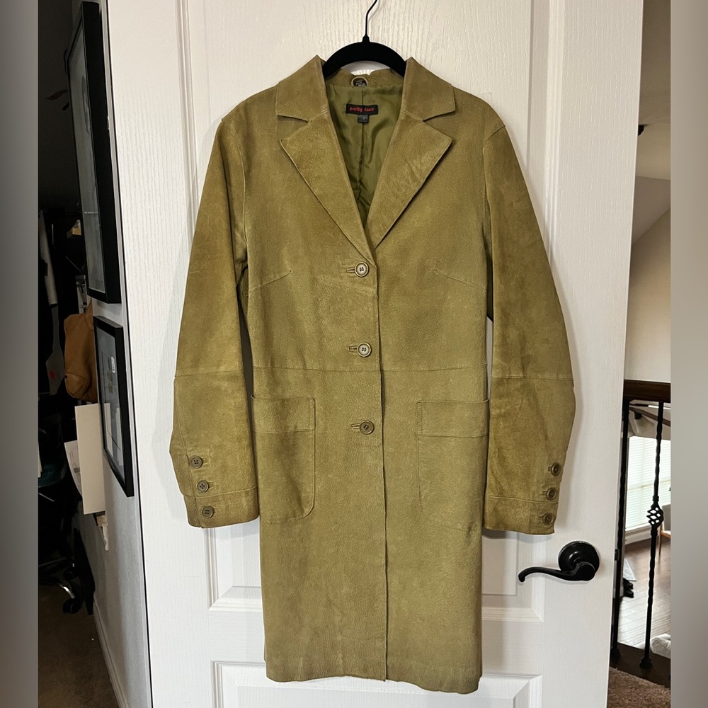 70s | 80s Olive Green Leather Suede Fitted Trench Jacket Sz Med